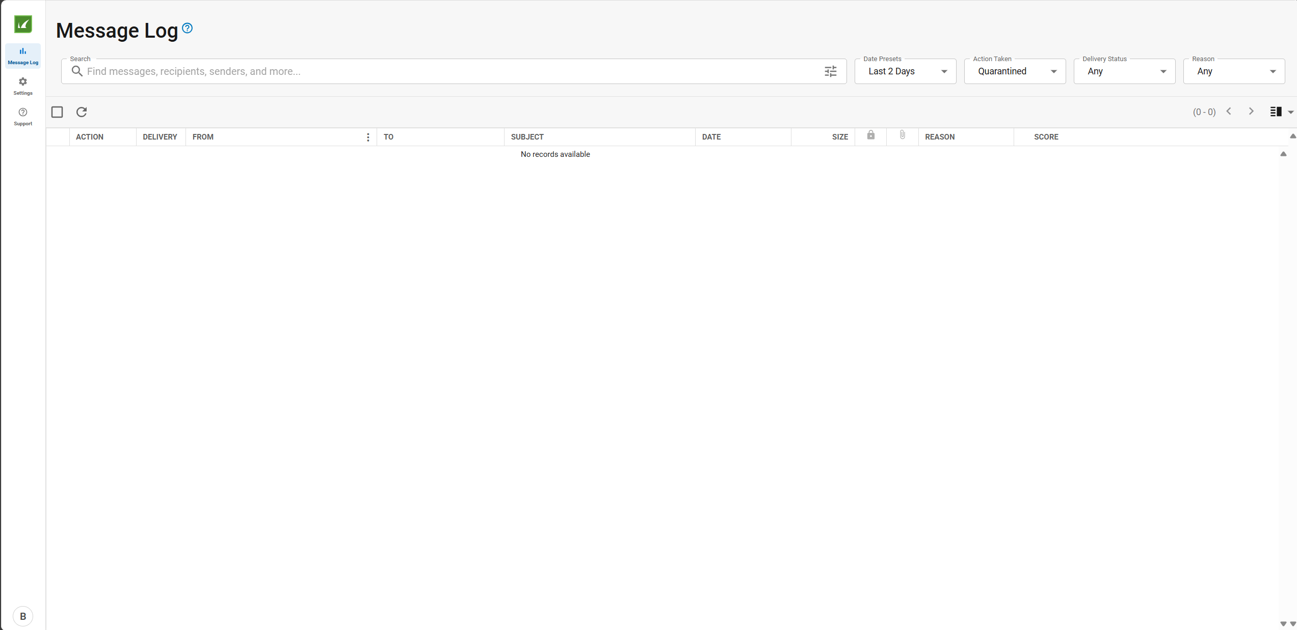 Message Log view showing quarantined emails